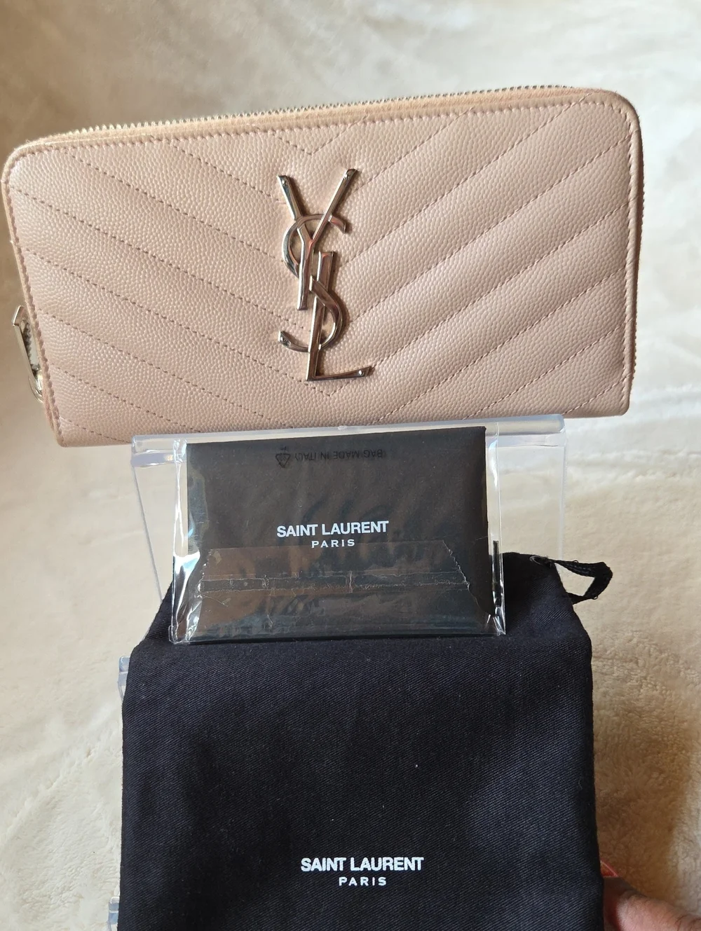 Saint Laurent Light Pink Quilted Zip-Around Wallet with YSL Logo